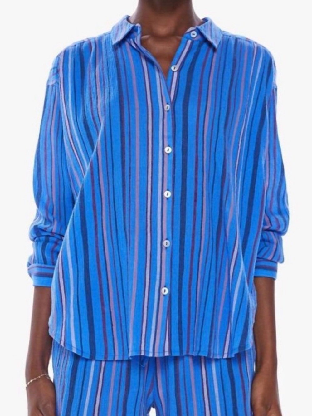 Mother The Get Down Button Down Striped Blue & Pink XL